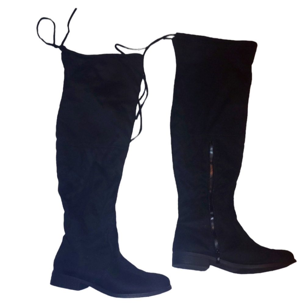 JG Over-the-Knee Thigh Boots, Black Suede-like Material, Size 8.5
